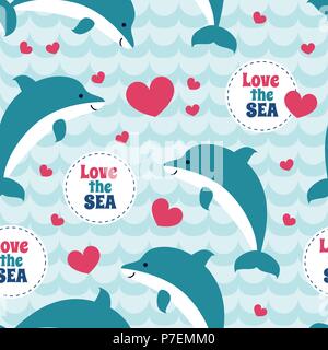 Seamless pattern con il gregge di delfini. Per le carte di pagamento, Inviti nozze o baby doccia album, sfondi sfondi e fotodiari. Illustrazione Vettoriale