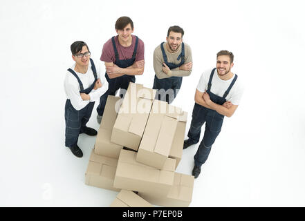 I giovani promotori di scatole di contenimento isolato su sfondo bianco, Foto Stock