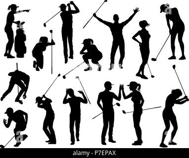 Giocatore di golf Golf Sport persone Silhouette impostato Illustrazione Vettoriale