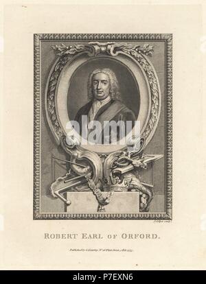 Sir Robert Walpole, 1° Conte di Orford, statista inglese, 1676-1745. Incisione su rame da Joshua Collyer dalla piastrina di rame rivista mensile o Tesoro, G. Kearsley, Londra, 1775. Foto Stock