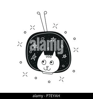 Cute cat nello spazio stampa. Infantile illustrazione vettoriale in stile doodle per bambini Illustrazione Vettoriale