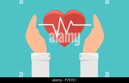 Medicina e Sanità icona. Mani cuore con impulsi di segno. Vettore di Piana Illustrazione Vettoriale