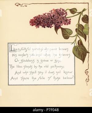 Lilla, di Syringa vulgaris e poema calligrafico. Chromolithograph da Louis Prang da Alice Ward Bailey's fantasie floreali, Boston, 1889. Illustrato da Lucia Baily, Eleanor Ecob tricheco, Oliva Whitney, Ellen Fisher, Fidelia ponti, C. Ryan e F. Schuyler Mathews. Foto Stock