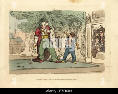 La visione di un cattivo attore con un debole voce in una performance di Racine è Bajazet. Copperplate Handcolored disegnato e inciso da John Augustus Atkinson da illustrazioni delle miserie della vita umana, William Miller, Londra, 1807. Foto Stock