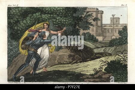 Una fanciulla conduce un cavaliere in armatura di un castello. La scoperta del codice dell'amore. Handcolored incisione su rame da Verico dopo Pelagio Pelagi da Giulio Ferrario le antiche e moderne costumi di tutti i popoli del mondo, Firenze, Italia, 1844. Foto Stock