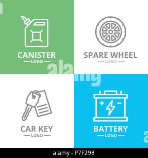 Set di vector auto di servizio e riparazione auto logo o insegne, emblemi, etichette e badge. Vettore stile linea Illustrazione Vettoriale