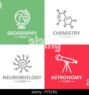 Set di vettore di scienza e ricerca logo o insegne, emblemi, etichette e badge. Vettore stile linea Illustrazione Vettoriale