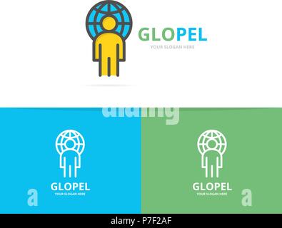 Uomo semplice con il pianeta logo design modello. Simbolo e segno illustrazione vettoriale Illustrazione Vettoriale