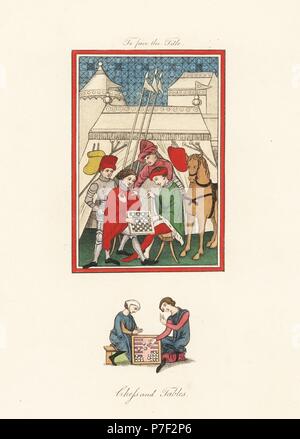 Giochi di scacchi e tabelle (backgammon) dal XIV secolo i manoscritti. Cavalieri in armatura giocando a scacchi guardato da altri cavalieri nella parte anteriore di un accampamento militare. Litografia Handcolored da Joseph Strutt dal proprio sport e svaghi del popolo d'Inghilterra, Chatto e Windus, Londra, 1876. Foto Stock