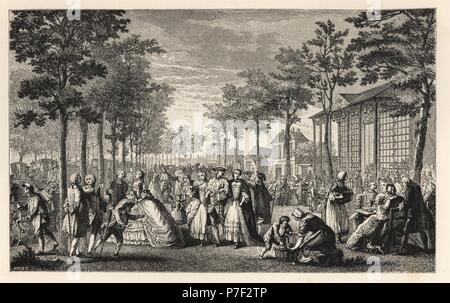 Società di moda promenading sui bastioni di Parigi. Litografia dopo Augustin de Saint Aubin da Paul Lacroix' del XVIII secolo: le sue istituzioni, le usanze e i costumi, Londra, 1876. Foto Stock