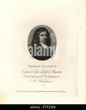 Thomas Flatman, inglese poeta e pittore in miniatura, 1635-1688. Incisi da Godefroy da un ritratto in miniatura da Flatman, 1661. Incisione su rame da William Richardson ritratti che illustra Granger biografico della storia dell'Inghilterra, London, 1792-1812. James Granger (1723-1776) era un ecclesiastico inglese, biografo e collezionista di stampa. Foto Stock