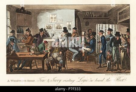 Dandies inglese in visita a un amico in un sibilo Shop (gin palace) nella prigione della flotta (debitore ha la prigione). Tom e Jerry visitando logica 'a bordo della flotta.' Handcolored incisione su rame da Isaac Robert Cruikshank e George Cruikshank da Pierce Egan la vita in Londra, Sherwood, Jones, Londra, 1823. Foto Stock