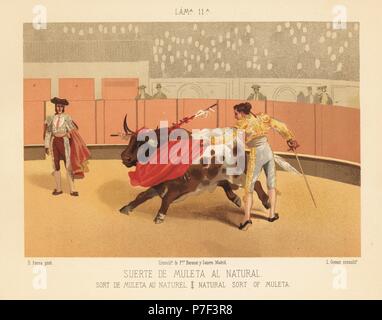 Matador facendo una passata con il muleta (capo) e spada. Chromolithograph da L. Gomez dopo una illustrazione di Daniel Perea da corrida, Corrida de Toros, Madrid, Boronat & Satorre, 1894. Foto Stock