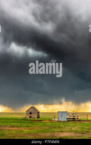 Una tempesta mezocyclone con scuri, nuvole grigie e formare al di sopra della pianura in tornado alley, Oklahoma al tramonto Foto Stock