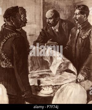 Rusia. Vladimir Lenin (1870-1924) y Iosif Stalin (1879-1953) en una reunión del Comité revolucionario en el Instituro Smolny de Petrogrado. Año 1937. Foto Stock