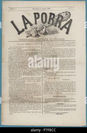 Portada del semanario satírico ilustrado La Porra, editado en Barcelona, agosto de 1881. Foto Stock