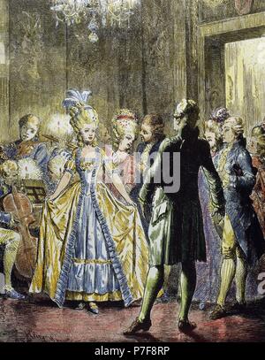 La Francia. Il XVIII secolo. Minuetto danza. Incisione di A. Closs, 1882. Colorati. Foto Stock