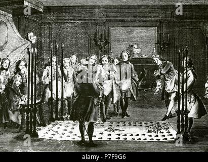 La massoneria. Masonic Lodge meeting nella cerimonia iniciation di un nuovo membro. Incisione. Il XVIII secolo. Foto Stock