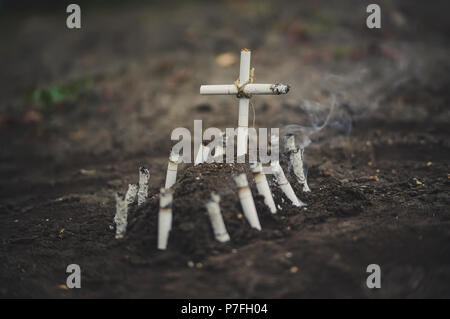 Un tabacchi tomba in un cimitero. Una tomba di tabacco in un cimitero. La morte per cancro ai polmoni. I pericoli del fumo. Anti tabacco una foto concettuale. Foto Stock