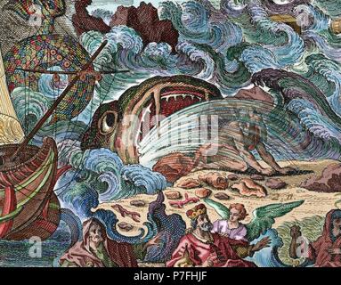 Giona vomitato dalla grande pesce sulla riva. Libro di Giona. Capitolo 2. Incisione. Colorati. Foto Stock