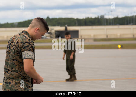 Lancia Cpl. Raymond Boule, una cellula manutenzione tecnico assegnato alla Marina squadrone di attacco (VMA) 214, conduce un oggetto estraneo detriti (DOM) a piedi in preparazione per l'arrivo dei loro AV-8B Harriers a base comune Elmendorf-Richardson, Alaska, 27 giugno 2018. VMA-214 parteciperà al 2018 Arctic Thunder Air Show con un volo, passare il puntatore del mouse di dimostrazione e una visualizzazione statica. (U.S. Marine Corps photo by Lance Cpl. Sabrina Candiaflores) Foto Stock