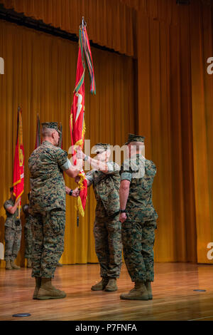 Col. Ronald C. Braney, a sinistra, in uscita comandante della Marina 3 Logistics Group, passa la terza MLG colori fino a Briga. Gen. Keith D. Reventlow, centro, incoming comandante generale della terza MLG, durante il trasferimento del comando cerimonia Giugno 29, 2018 a Camp Foster, Okinawa, in Giappone. Il passaggio dei colori simboleggia il trasferimento ufficiale dell'unità da un comandante al successivo. Braney è un nativo di Manlius, New York. Reventlow è un nativo di Newtown, Connecticut. (U.S. Marine Corps foto di PFC. Terry Wong) Foto Stock