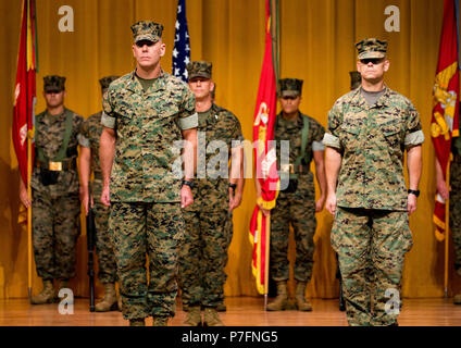 Col. Ronald C. Braney, a sinistra, in uscita comandante della Marina 3 Logistics Group, passa la terza MLG colori fino a Briga. Gen. Keith D. Reventlow, centro, incoming generale del 3° MLG, durante il trasferimento del comando cerimonia Giugno 29, 2018 a Camp Foster, Okinawa, in Giappone. Il passaggio dei colori simboleggia il trasferimento ufficiale dell'unità da un comandante al successivo. Braney è un nativo di Manlius, New York. Reventlow è un nativo di Newtown, Connecticut. (U.S. Marine Corps foto di Cpl. Joshua Pinkney) Foto Stock