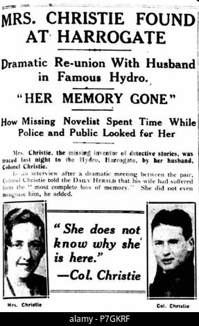 Inglese: articolo di giornale su Archibald Christie e sua moglie Agatha Christie a Harrogate . 1926 91 Christie a IDRO Foto Stock