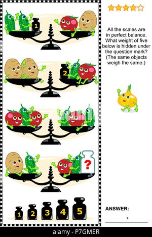 Visual math puzzle con bilance, pesi, patate, cetrioli e pomodori: qual il peso di cinque al di sotto è nascosto sotto il punto interrogativo ? Illustrazione Vettoriale
