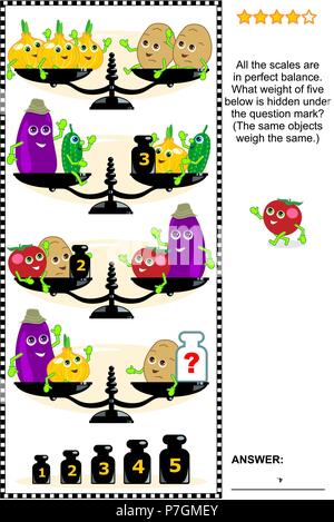 Visual math puzzle con bilance, pesi, Melanzane, cipolle patate, cetrioli e pomodori: qual il peso di cinque al di sotto è nascosto sotto la domanda? Illustrazione Vettoriale