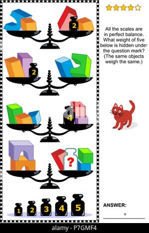 Formazione IQ visual math puzzle con bilance, pesi e solidi - cubetti, archi e parallelepipedi: qual il peso di cinque al di sotto è nascosto? Illustrazione Vettoriale
