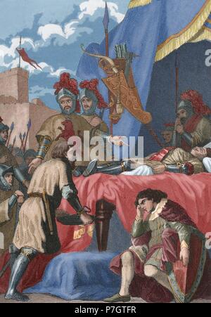 Rodrigo Diaz de Vivar (c.1043-1099), conosciuta come El Cid. Nobile castigliano, capo militare e diplomatico. La morte di El Cid. Incisione del XIX secolo. Colorati.