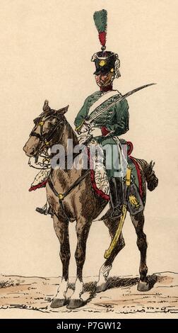 Francia. Uniforme del Regimiento de cazadores. Soldado un caballo en 1808. Foto Stock
