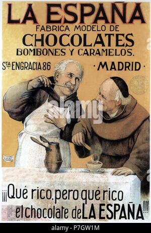 Publicidad. Cioccolatini La España, de Madrid; dos monjes preparando il cioccolato a la taza. Años 1940. Foto Stock