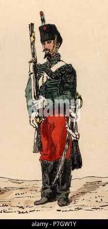 Francia. Uniforme del Regimiento de cazadores. Soldado un pié en 1855. Foto Stock