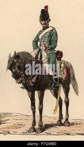 Francia. Uniforme del Regimiento de cazadores. Soldado un caballo en 1792. Foto Stock