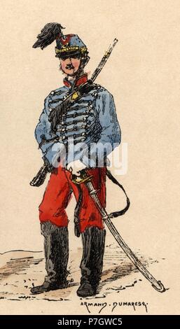 Francia. Uniforme del Regimiento de cazadores. Soldado un pié en 1873. Foto Stock