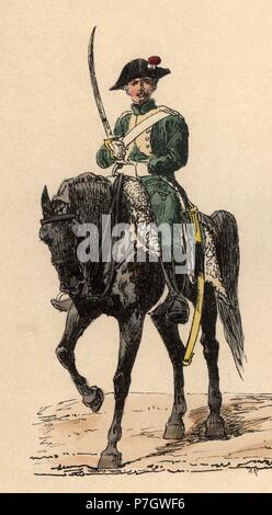 Francia. Uniforme del Regimiento de cazadores. Soldado un caballo en 1779. Foto Stock