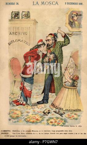 Ilustración satírico política publicada en la Mosca, diciembre de 1881. Caricatura de Léon Michel Gambetta (1838-1882), presidente de la Asamblea Nacional Francesa. Foto Stock