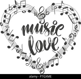 Le note musicali in forma di un'icona a forma di cuore, amo la musica, calligrafia testo disegnato a mano illustrazione vettoriale schizzo Illustrazione Vettoriale