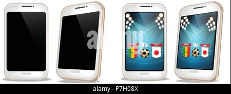 Smartphone con punteggio di calcio sulla schermata Vector realistiche. Scommesse sportive online web modello di pagina di intestazione Illustrazione Vettoriale