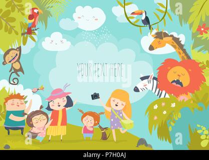 Dei bambini felici in zoo selvaggio con animali africani Illustrazione Vettoriale