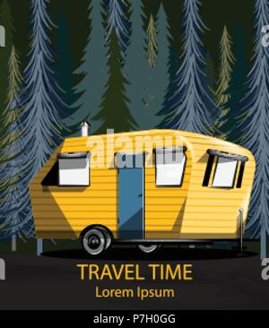 Viaggio in auto il vettore di forrest. Giallo rimorchio campeggio nel bosco di notte Illustrazione Vettoriale