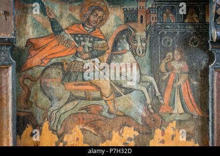 San Jorge y el drago, siglo XVIII, museo de los iconos, Castillo Real, Sanok, voivodato de subcarpacia,,Polonia, Europa orientale. Foto Stock