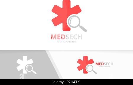 Vector ambulanza e loupe combinazione di logo. Medic e ingrandimento di simbolo o icona. Unica emergenza e logotipo Ricerca modello di disegno. Illustrazione Vettoriale