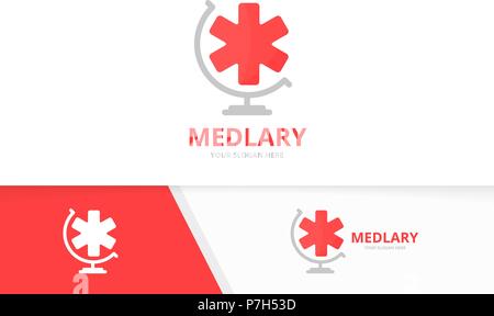 Vector ambulanza globo e la combinazione di logo. Medic e pianeta simbolo o icona. Unico logotipo di emergenza modello di disegno. Illustrazione Vettoriale