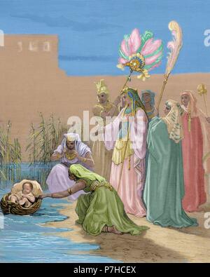Mosè salvato dal Nilo dalla figlia del Faraone d'Egitto. Esodo. Incisione di Gustave Dore (1832-1883). Colorati. Foto Stock