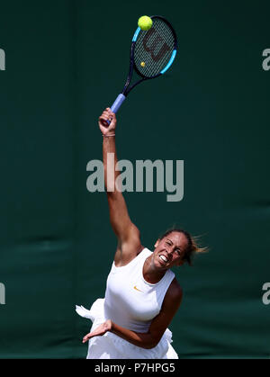 Tasti di Madison in azione il giorno cinque dei campionati di Wimbledon al All England Lawn Tennis e Croquet Club, Wimbledon. Stampa foto di associazione. Picture Data: venerdì 6 luglio 2018. Vedere PA storia il tennis a Wimbledon. Foto di credito dovrebbe leggere: John Walton/filo PA. Restrizioni: solo uso editoriale. Nessun uso commerciale senza il previo consenso scritto della AELTC. Immagine ancora utilizzare solo - Assenza di immagini in movimento per emulare broadcast. Nessuna sovrapposizione o rimozione di sponsor/annuncio loghi. Chiamate il numero +44 (0)1158 447447 per ulteriori informazioni. Foto Stock