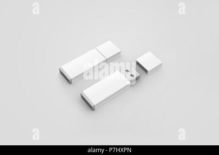 Vuoto bianco drive usb design mockup, rendering 3d, aperto e chiuso, percorso di clipping. Plastica trasparente disco flash modello. Semplice dispositivo di memoria mock up. C Foto Stock