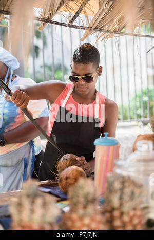 Un giovane lavora una gabbia di latte di cocco a Old Havana, Cuba. Foto Stock